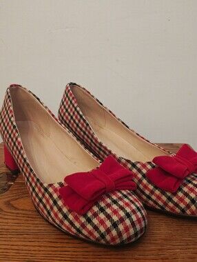 Plaid Bow Low Block Heel Pumps in Red